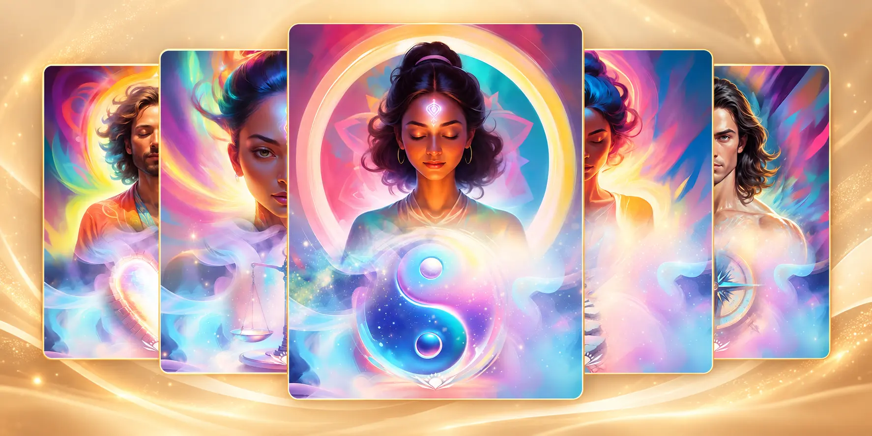 Ilustrações de cartas com figuras e símbolos espirituais